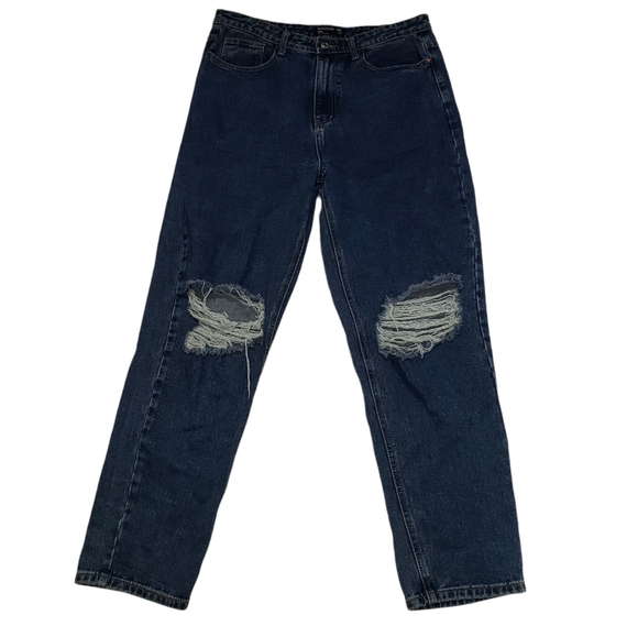 Pretty Little Thing Mom High Rise Jeans Sz 10 Dark Wash Distressed Ripped Denim - Picture 1 of 12